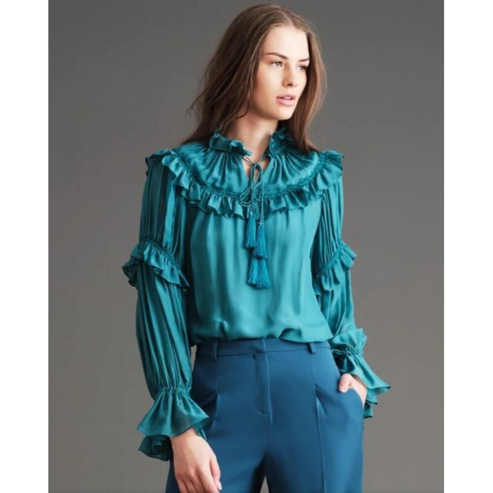 Haute Hippie Gracie Blouse NWT Double Tassel Silk With Shirring Retail $375 Sz L